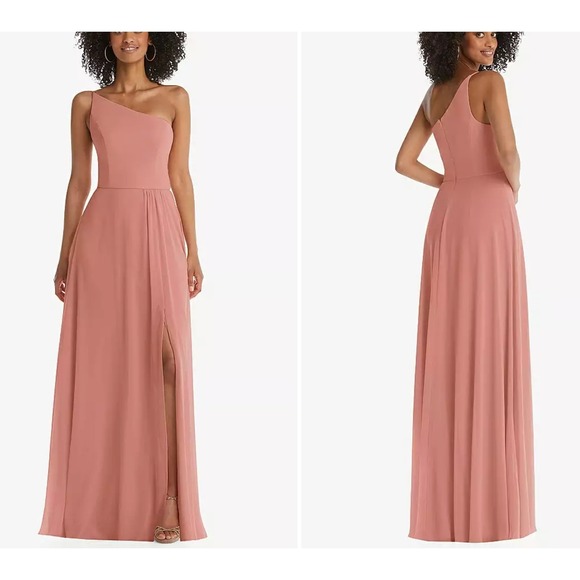 NWT After Six One-Shoulder Chiffon Maxi Dress Shirred Front Slit Desert Rose 8